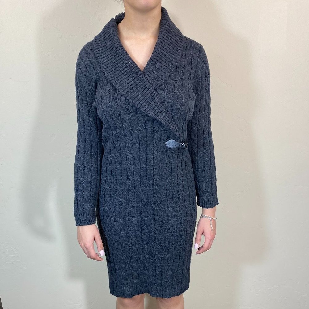 Calvin Kleinโ Womens Cable Knit Sweater Dress Charcoal Gray Shawl Collar Size M